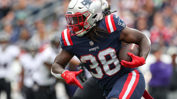 Sep 25, 2022; Foxborough, Massachusetts, USA; New England Patriots running back Rhamondre Stevenson (38) runs the ball during the first half against the Baltimore Ravens at Gillette Stadium.
